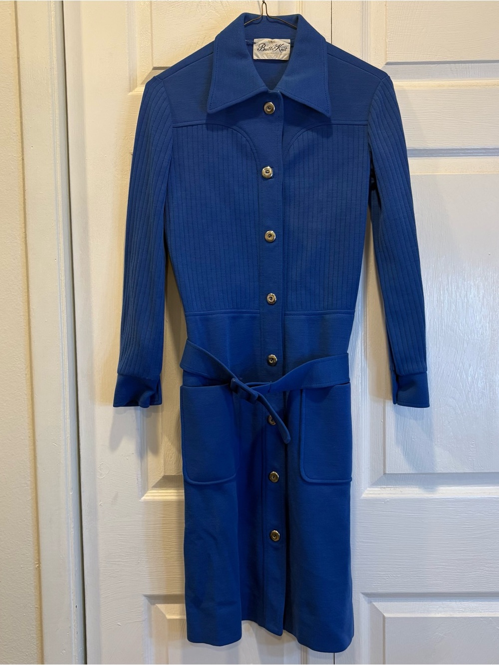 Vintage Butte Knit Blue Long Sleeve Knee Length Button Up Dress - Size Small